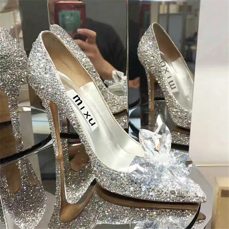 Hot Sale European Wedding Shoes Female White Drill Rhinestone Crystal Shoes Stiletto Pointed Red Bridal Fashion High Heels