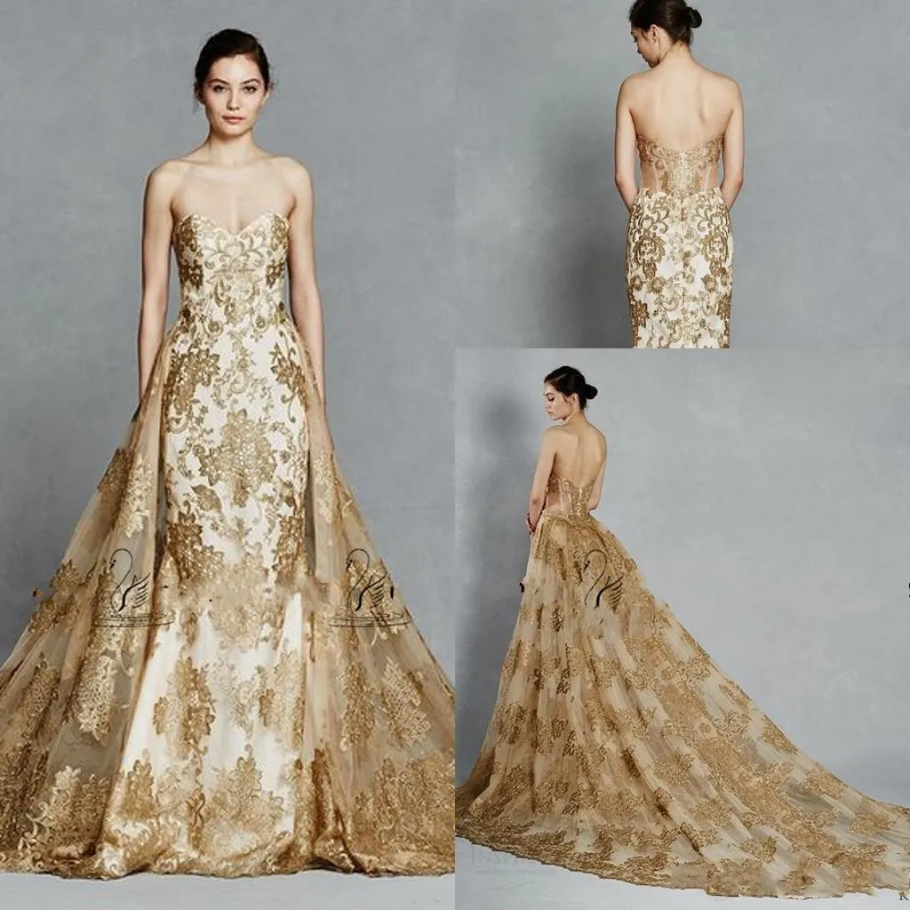 Kelly Faetanini Gold Color Lace Appliques Royal Wedding Dresses with Detachable Train Sweetheart Backless Two Pieces Wedding Gowns 2019