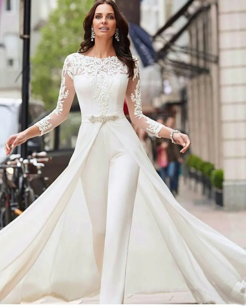 Plus Size White Lace Appliqued Jumpsuit Jumpsuit Wedding Dress With Detachable Skirt And Long Sleeves From Lindaxu90 121.02 DHgate.Com