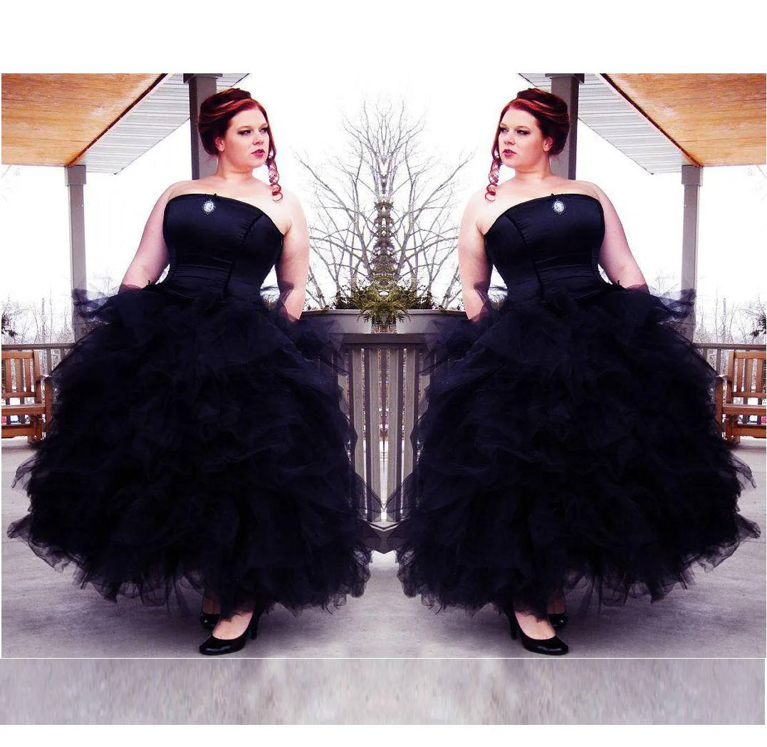 Gothic Black Plus размер без бретелек многоуровневый юбка оборками тюль мяч платье пола длиной свадебные платья на заказ SD3378