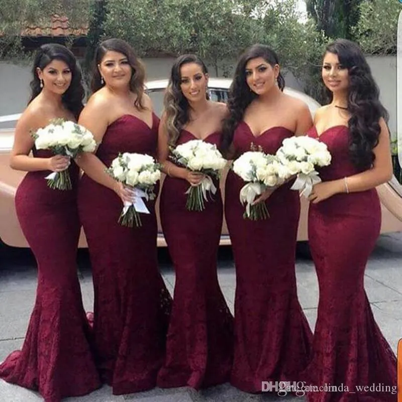 2019 New High Quality Burgundy Color Mermaid Lace Formal Bridesmaid Dress Sweetheart Neckline Long Maid of Honor Gown Plus Size Custom Made