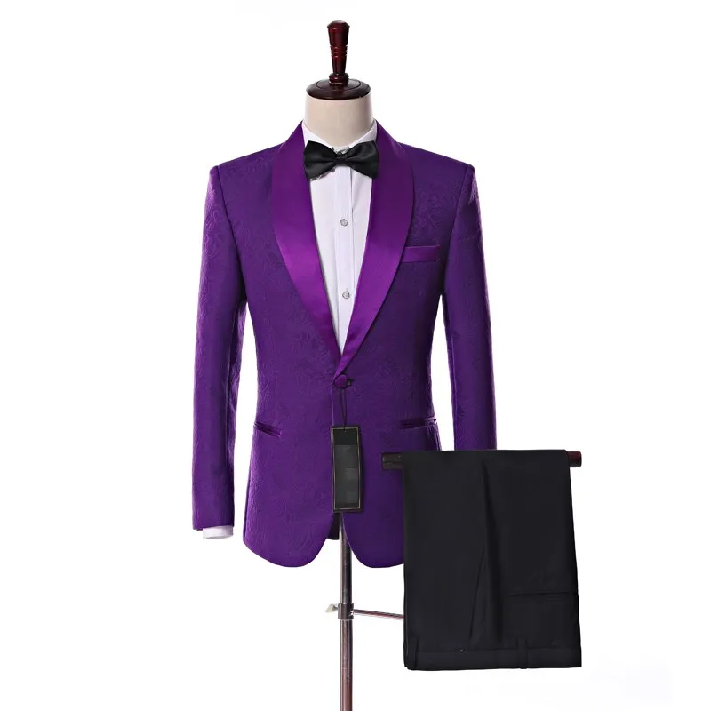 Nyanlända One Knapp Purple Paisley Groom Tuxedos Sjal Lapel Groomsmen Mens Bröllopsfestkläder (Jacka + Byxor + Tie) K10