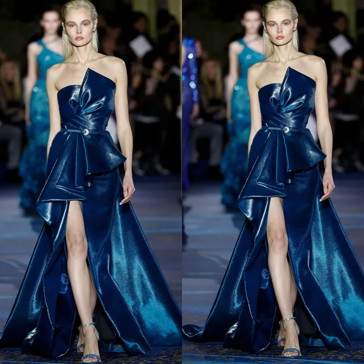 Magnifique robe de soirée ligne A bleu marine, Sexy, salut Lo, brillante, sans bretelles, longue, robes de bal pour femmes, 2019