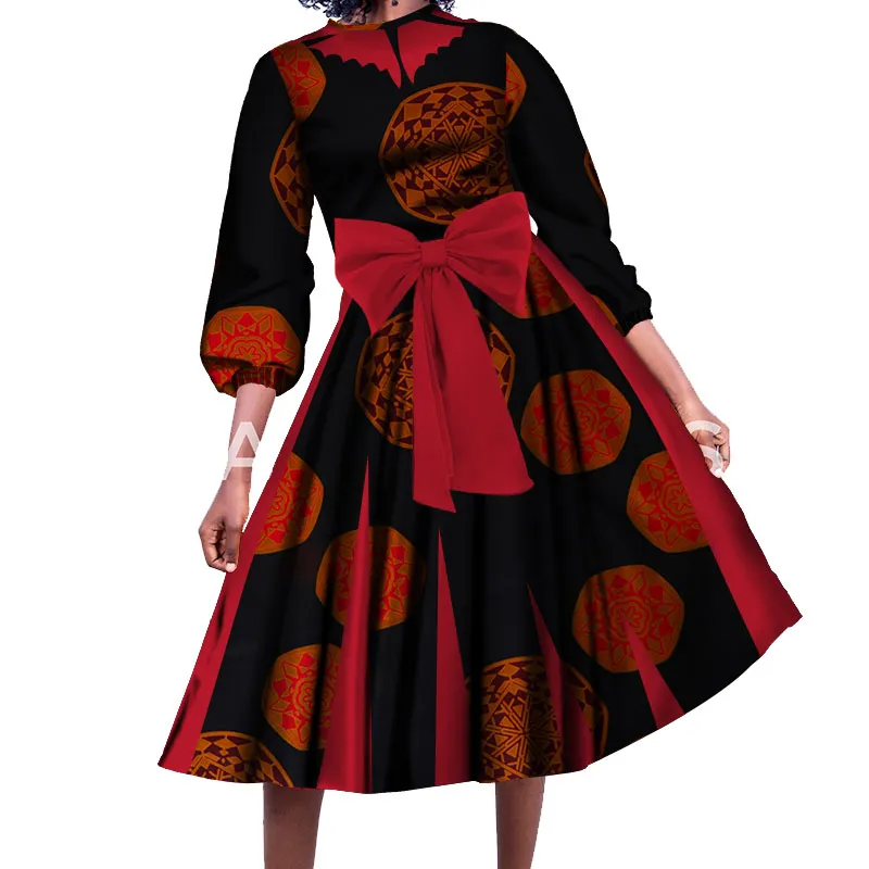 أزياء المرأة كم طويل اللباس التقليدي الأفريقي فساتين القطن طباعة الأزهار مع bowknot أنيقة حفل زفاف اللباس WY258