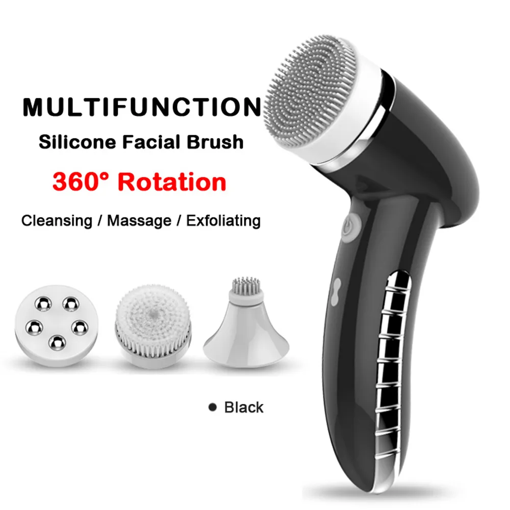 Facial Cleansing Brush Sonic Vibration Mini Face Cleaner Silicone Deep Pore Rengöring Elektrisk Vattentät Massage med 4 huvuden