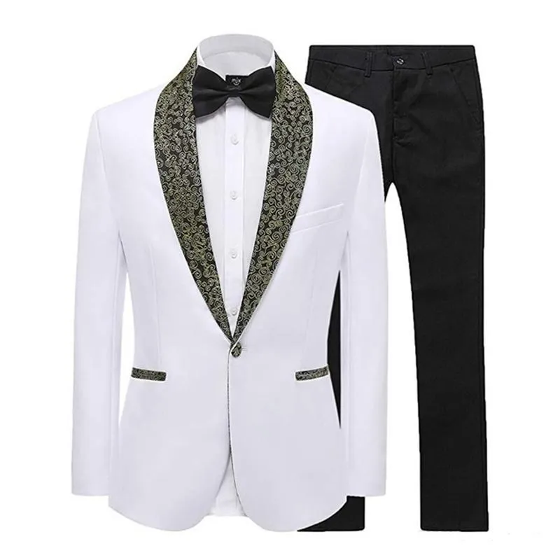 Hoge kwaliteit één knop witte bruidegom smoking shawl revers groomsmen heren past bruiloft / prom / diner blazer (jas + broek + stropdas) K368