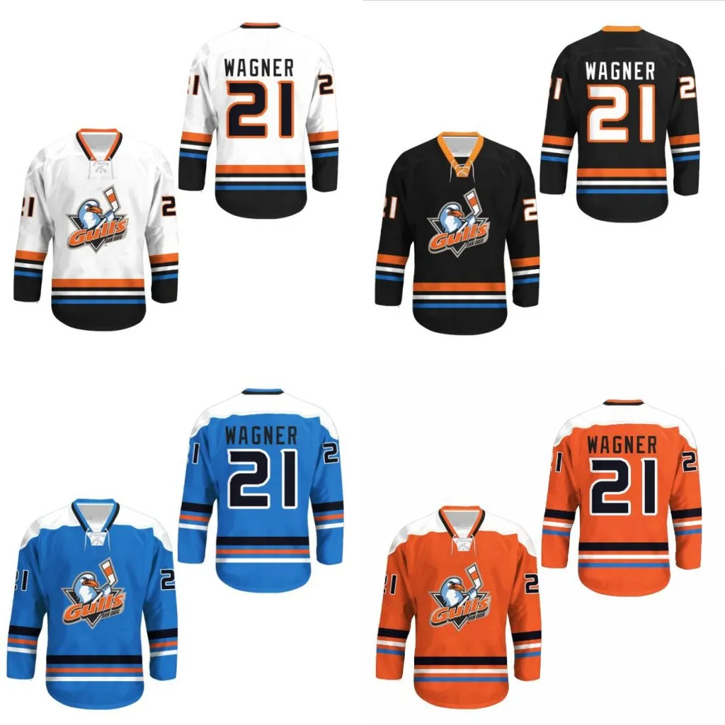 21 Maillot de hockey Wagner San Diego Gulls N'importe quel joueur ou numéro New Stitch Sewn Movie Maillots de hockey Tous cousus Blanc Rouge Bleu Livraison gratuite