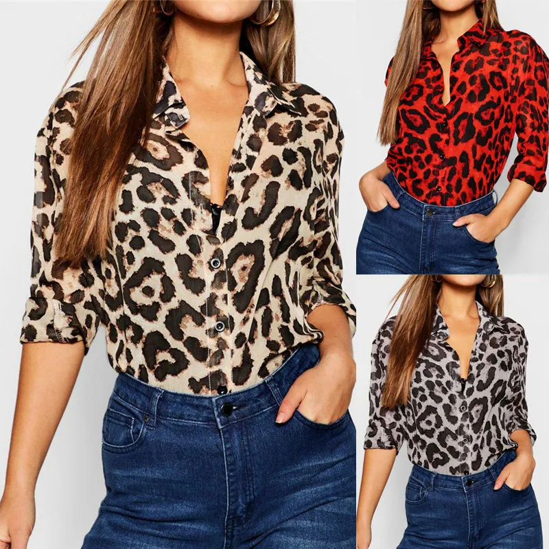 Moda Damska Leopard Drukuj Z Długim rękawem Topy i Bluzki Luźne Koszule V-Neck Party Femininas Koszulka Femme