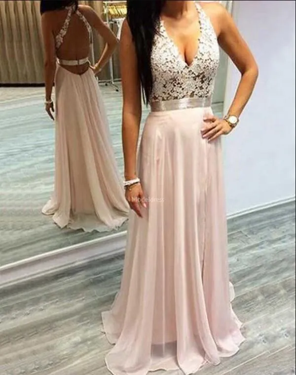 Stylowe Koronki Prom Dresses V-Neck Open Back Sweep Pociąg linia Vestidos de Fiesta Seksowna Specjalna okazja Sukienka Tanie Formalna Party Suknia wieczorowa