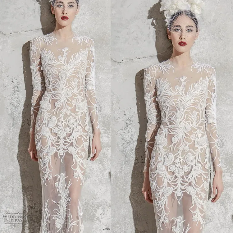 Abiti da sposa a sirena Zuhair Murad Abiti da sposa trasparenti con collo gioiello e maniche lunghe Abiti da sposa lunghi fino al pavimento