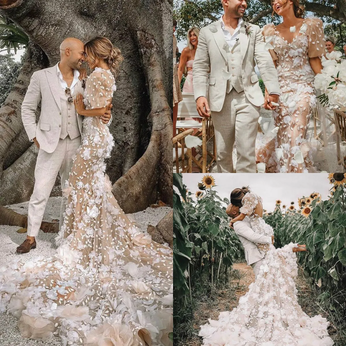 Champagne Mermaid Wedding Dress with 3D Floral Lace Appliques Hollow Back Half Sleeves Boho Beach Bridal Gown Custom Made