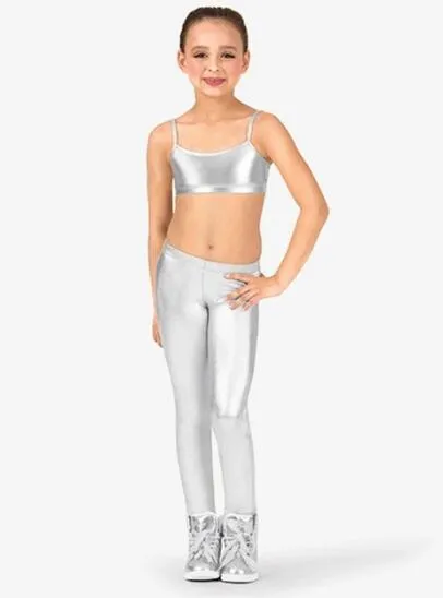 Girls Shiny Metallic Ankle Dance Leggings pants with Tops 2pcs set Kids Mid Waist Elastic Waistband Wet Look Stage performance Show