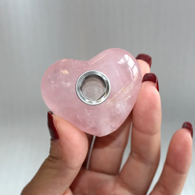 Unique Natural Pink Crystal Pipe Heart Shape Smoke Pipes Oil Burner Tobacco Pipe For Smoking YD2002