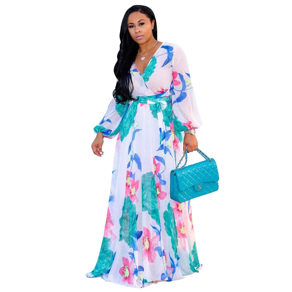 Vintage Frauen Maxi Kleid Floral Bedruckte Plus Größe Lange Ärmel V-ausschnitt Chiffon Lose Robe Kleider Strand Vestidos 2019 Neue