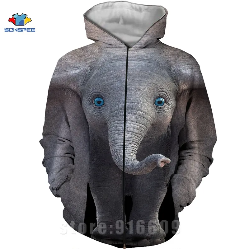 3D animal elefante Hoodies Imprimir camisola mulheres dos homens Zip Hoodie Funny Face Sueter de manga comprida Harajuku Zipper