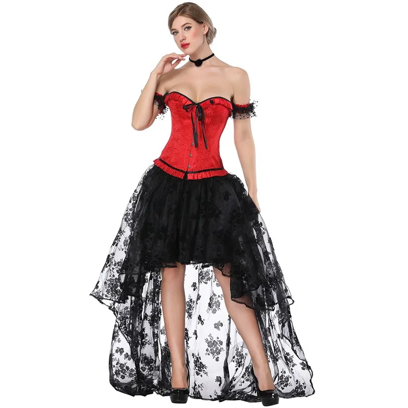Ensemble 2 pièces pour femme, tenue de Saint-Valentin, robe corset burlesque avec jupe longue en maille et dentelle florale et ourlet à volants, corset rouge
