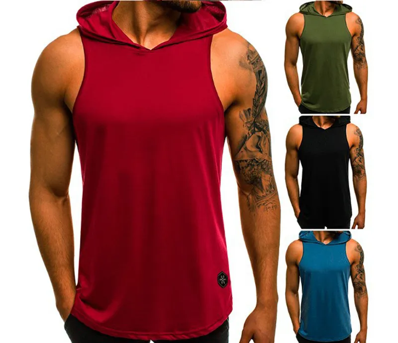 Moda Estate Uomo Senza maniche Felpa con cappuccio T-shirt Muscolo Felpa Cool Felpa con cappuccio Top GYM Sport Slim Fitness Felpa con cappuccio Sportswer Tees