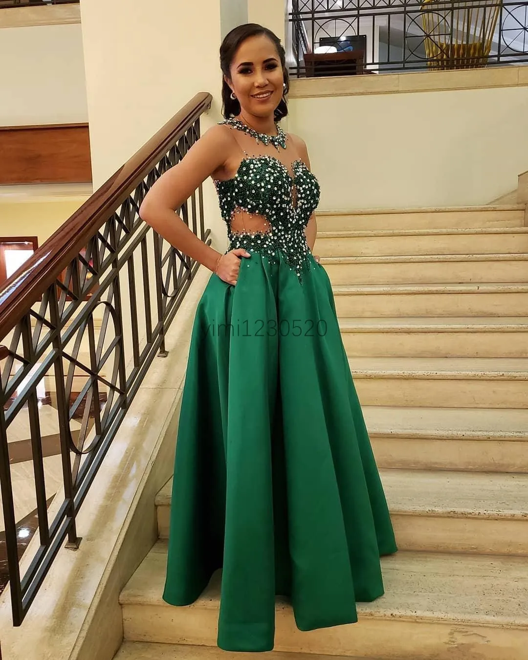 Emerald Green Prom Dresses Long Jewel Sweep Train A Line Crystal