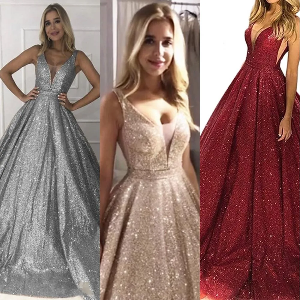 2020 Sparkly Rose Gold Silver Sequined Evening Dresses Deep V Neck Dark Red Sequins Backless Floor Length Prom Gowns Special Occasion Gowns
