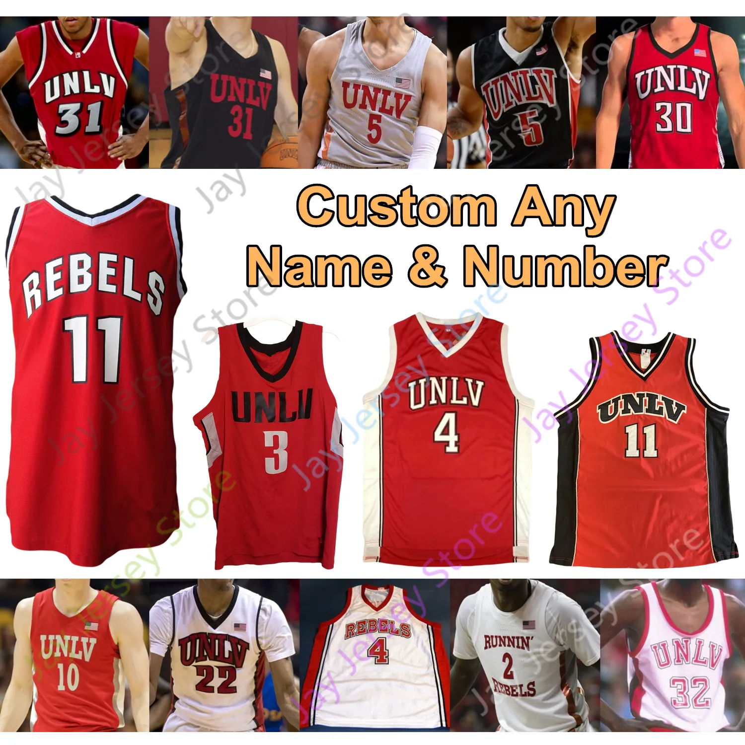 Custom 2020 UNLV Rebels Basketball Jersey NCAA College Larry 4 Johnson Shawn 31 Marion Lamar 5 Odom 34 Rider 23 Reggie Theus Amauri Hardy