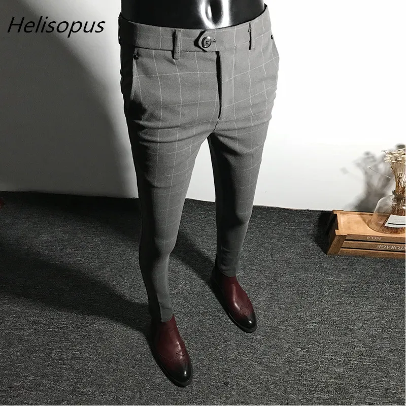 Helisopus Dress Pants Men Solid Color Slim Fit Male Social Business Casual Skinny Suit Pantalon