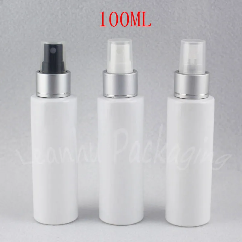 Botella de pulverización plástica plana blanca de 100 ml, contenedor cosmético vacío de 100cc, sub-embotellado de agua / tóner (50 PC / lote)