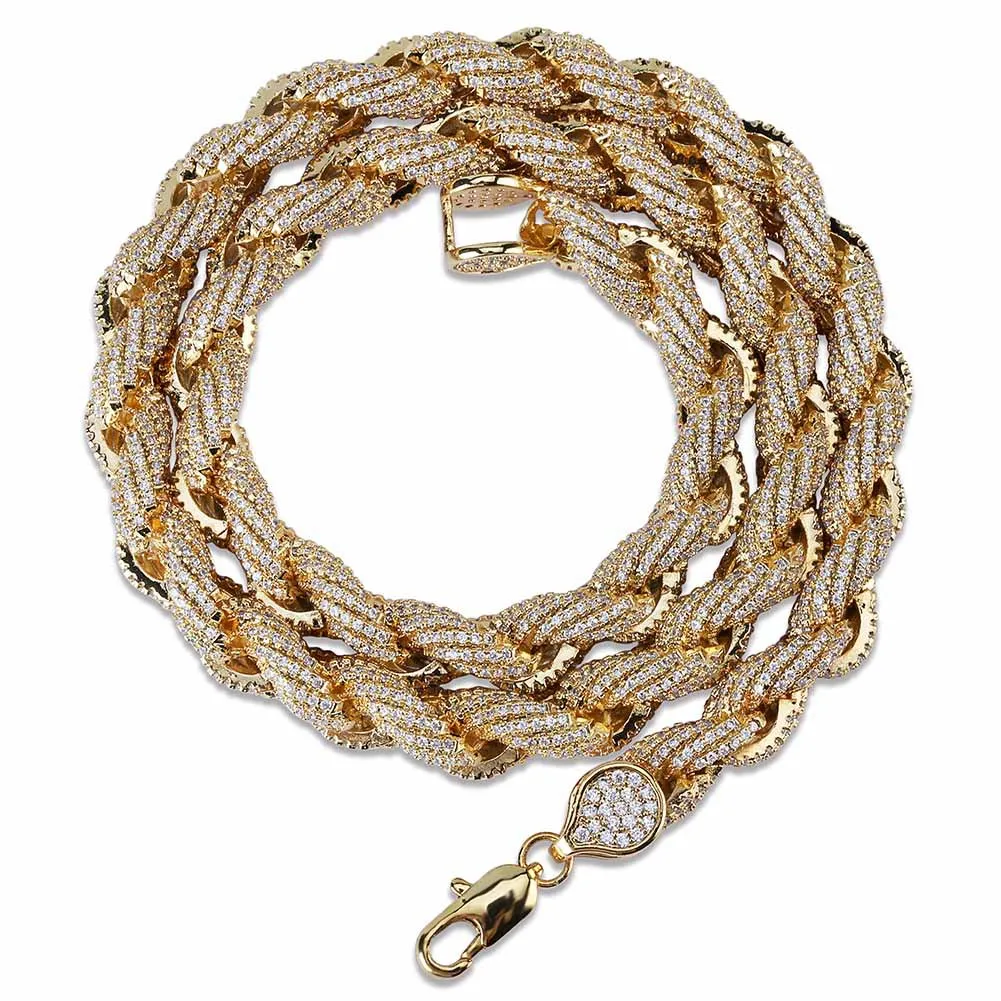 New Style Gold Plated Full CZ Cubic Zirconia Rope Chain Necklace 8mm Full Diamond Silver Hip Hop Punk Rock Jewelry Gifts for Guys 2312