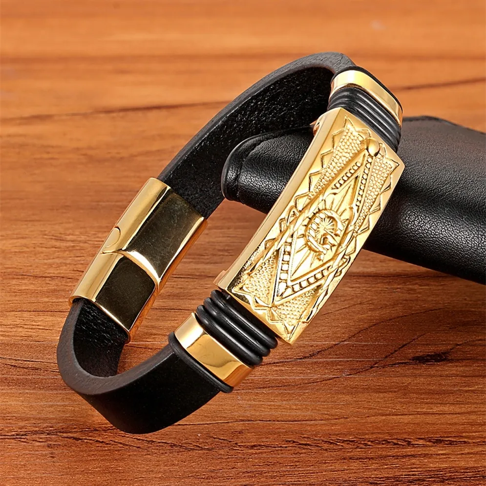 Genuine Leather Bracelet Gold Color Easy Hook Totem/Geometric/Scorpion Pattern Jewelry For Birthday Blessing Gift