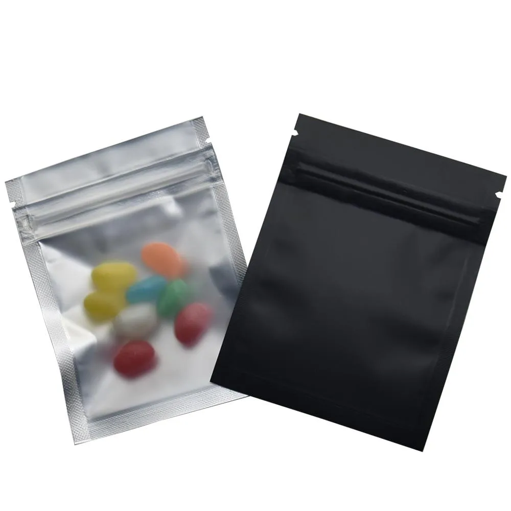 100 pz/lotto 7.5*10 cm Nero Opaco/Trasparente Cerniera Anteriore Sacchetti Richiudibile Zip Foglio di Alluminio Sacchetto di Plastica Alimentare Imballaggio di Generi Alimentari Sacchetto di Foglio di Mylar