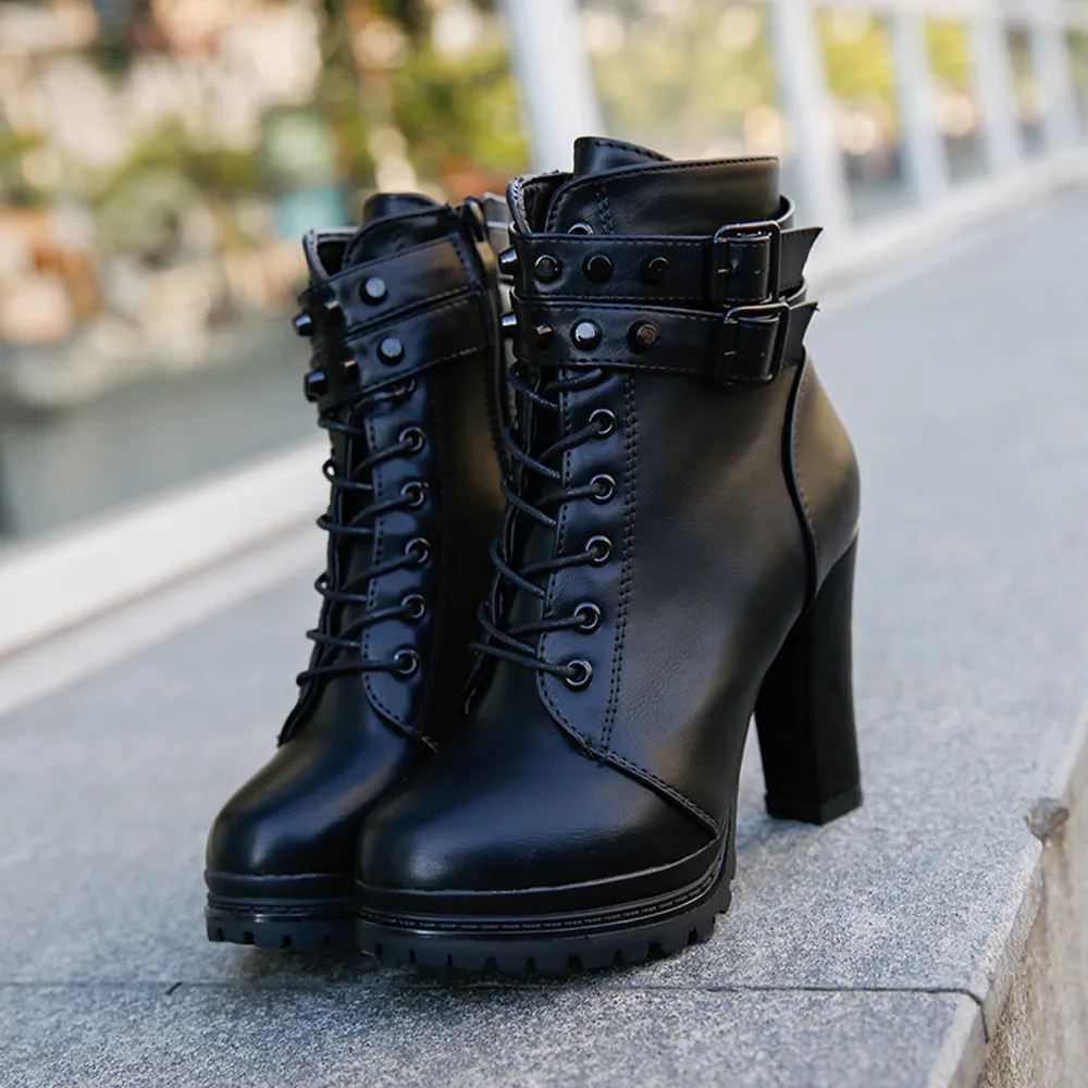 Stylish Lace Up Womens Heeled Boots For Women Square Heel Super
