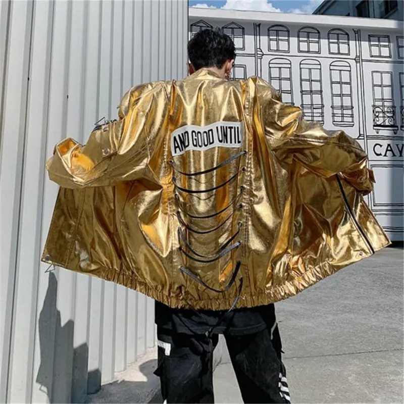 Streetwear рыхлые глянцевый металл панк хип-хоп пиджак мужской одежды обратно шнурком ветровки пальто мужские PU кожаные куртки мужчины chaqueta Hombre