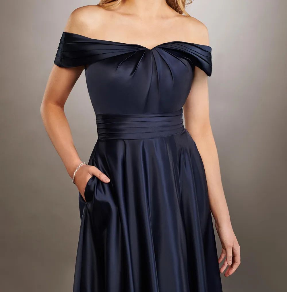 Stunning Satin A-line navy Satin bridesmaid dress with Spraped Bodice, Off-Shoulder Neckline, and Pockets