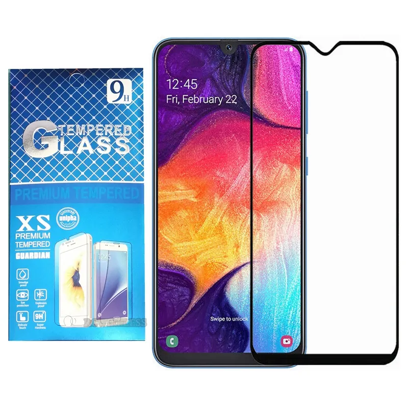 Cobertura cheia preta Protetor de tela Borda Glue Vidro temperado para Samsung A20 A20s A10E LG Escape Plus K40 K50 Motorola E6 Metro Boost