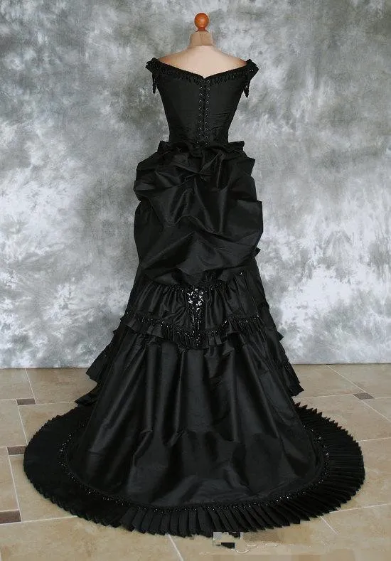 Victorian Gothic Bustle Gown With Beaded Cape Taffeta And Train