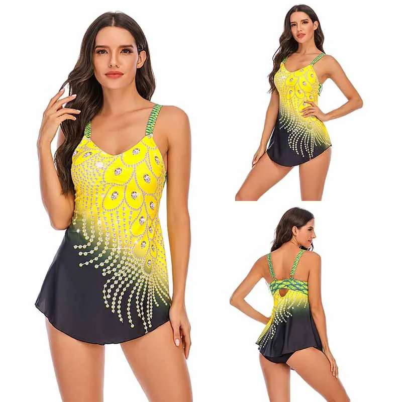 Feather Print Two Piece Tankini Swimsuit With Skirt Bottom With Briefs  Womens Tummy Control Swimwear, High Waist Bathing Suit, Plus Size Batoming  Suit From Luote, $17.18