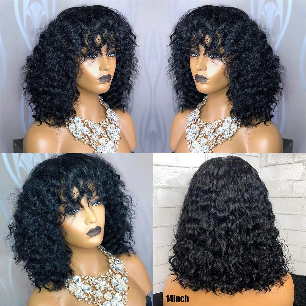 Brazilian Human Hair Short Curl Wave Wigs for Black Women Bob Wigs with Bang Middle Part Lace Pre-plucked Natural Wave Wigs Natural Color