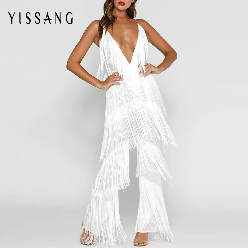 Yissang ثوب فضفاض للمرأة بذلة شرابة مثير الصلبة الأبيض بذلة playsuit طويل العميق الخامس الرقبة نادي ارتداء وزرة للنساء Y19060501