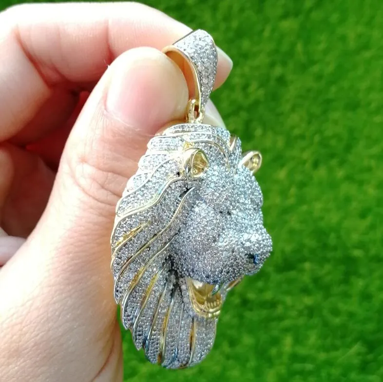 Lion Rapper Chain 18K Gold Plated Cubic Zirconia Lion Head Pendant Necklace For Men Hip ...