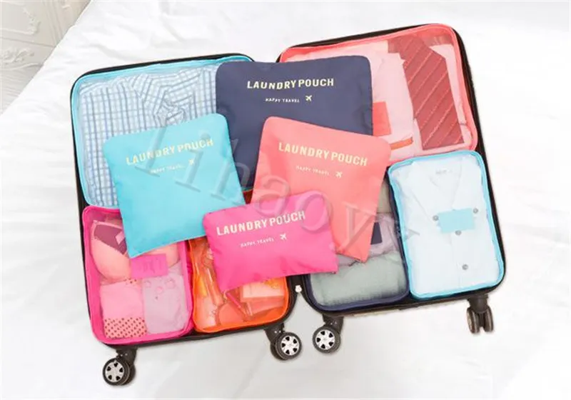 6st / set Travel Organizer Storage Bags Portable Bagage Organizer Kläder Tidigt Påse Väska Förpackning Tvättväska Förvaringsväska D132