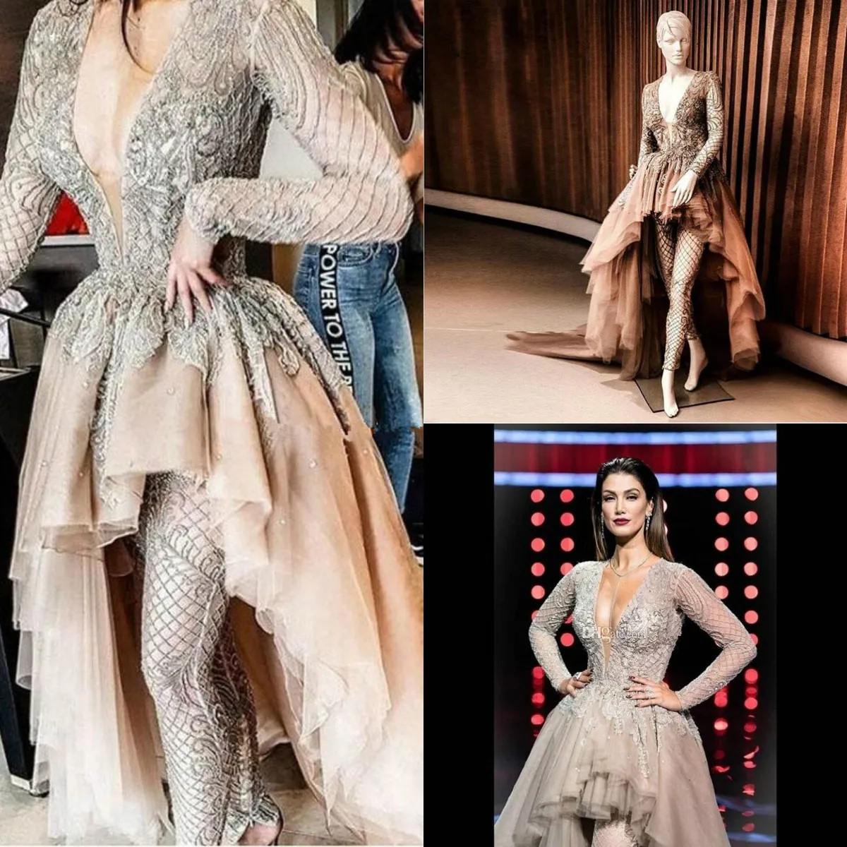 Designer Jumpsuits 2020 Prom Dresses Robe de soiree High Low Saudi Arabic  Long Sleeve Lace Beads Evening Gown Party Wear