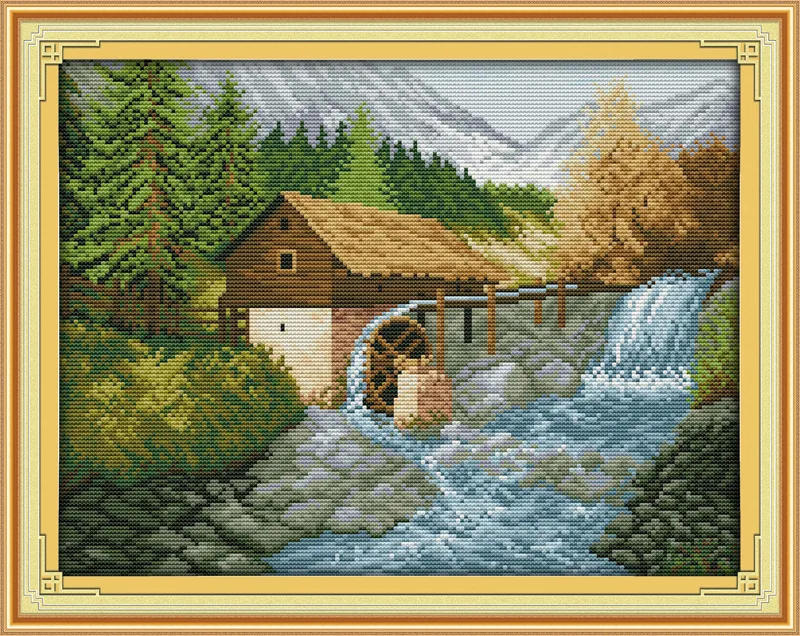 Bridge River waterfall cabin home decor painting ,Handmade Cross Stitch Embroidery Needlework sets counted print on canvas DMC 14CT /11CT