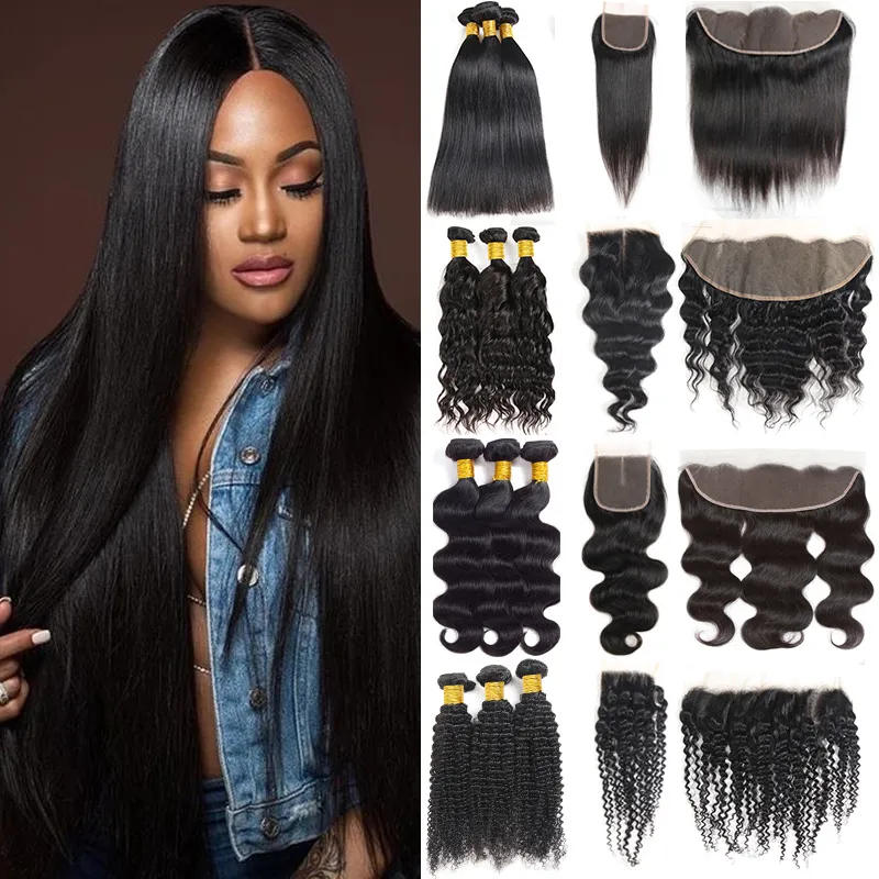 Braziliaanse Virgin Hair Rechte bundels met sluitingen 8A Onverwerkte Lichaam Wave Menselijk Haarbundels met Frontale Kinky Water Diepe Wave Weeft