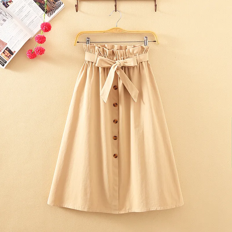 Summer Autumn Skirts Womens Midi Knee Length Korean Elegant Button High Waist Skirt Female Pleated School Skirt