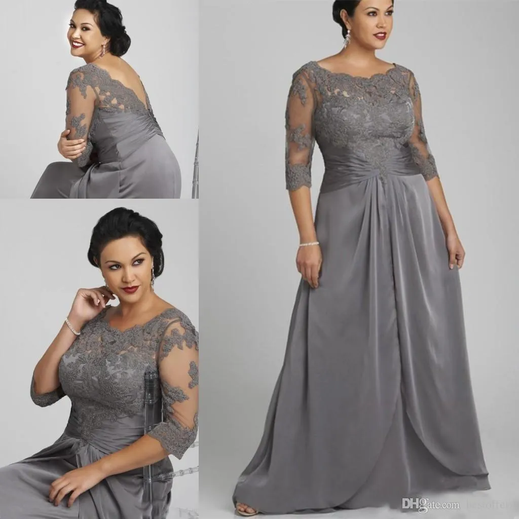 2020 plus size cinza mãe da noiva vestidos 3/4 mangas compridas apliques e chiffon mães vestidos de noite formais longos elegantes