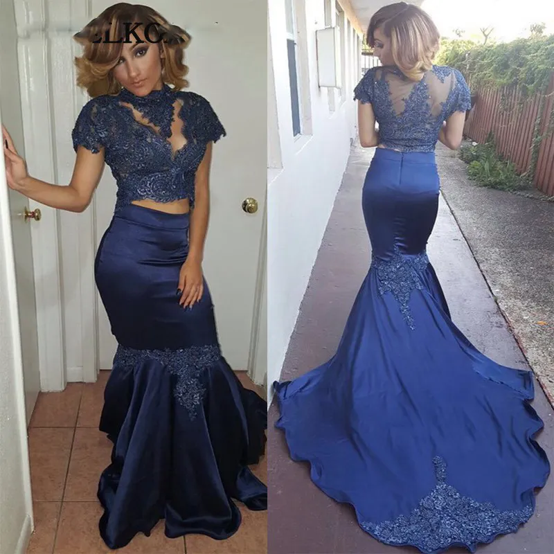 Zweiteilige Meerjungfrau Abendkleider Flügelärmel Spitze Applikationen Perlen High Neck Formale Abendkleid Plus Size Benutzerdefinierte Party Kleider