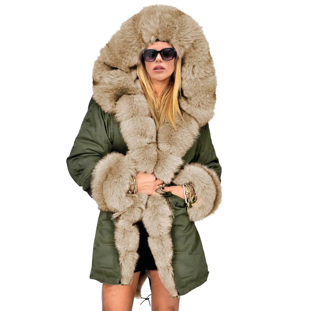 Moda feminina engrossar quente luxo inverno casaco de pele do falso capuz parka casaco superior longo jaqueta outwear