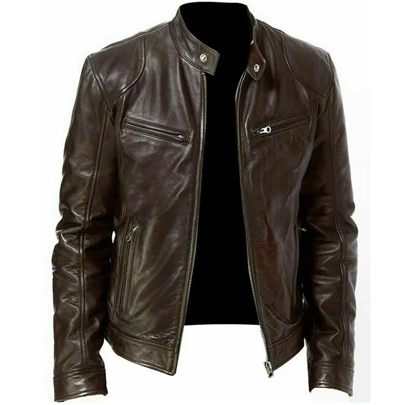 Winter Warm Black&Brown Leather Jacket Fashion Men Slim Fit Biker Motorcycle Stand Collar Slim Zip Jacket