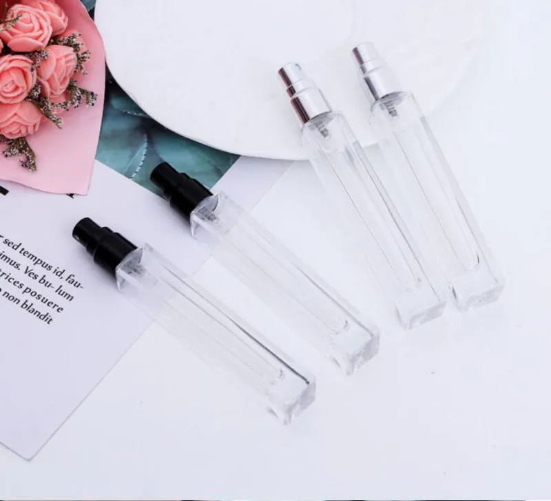 10ML transparente Mini vidro spray garrafas vazias Limpar recarregáveis ​​Perfume Atomizer Frasco com Cap Prata amostra de vidro Vial