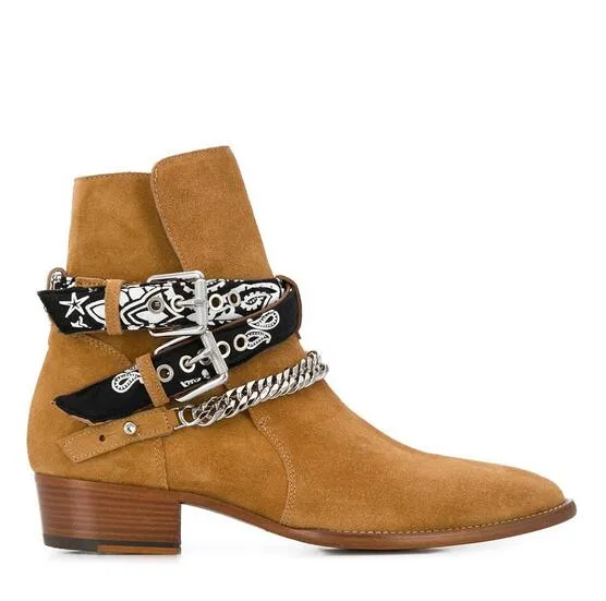 Nytt märke Ami Ri Rock Punk Scarf Stövlar med spänne Brunt Läder Mocka Slip-on Stil Silverton Kedja Wrap Around Scarf Spänne Stövlar Skor