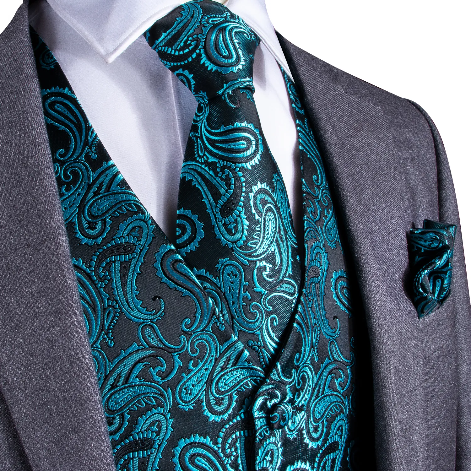 Snabb leverans Mäns Klassisk Grön Solid Paisley Silk Jacquard Waistcoat Vest Handkerchief Manschettknappar Party Wedding Tie Vest Suit Set MJ-0107